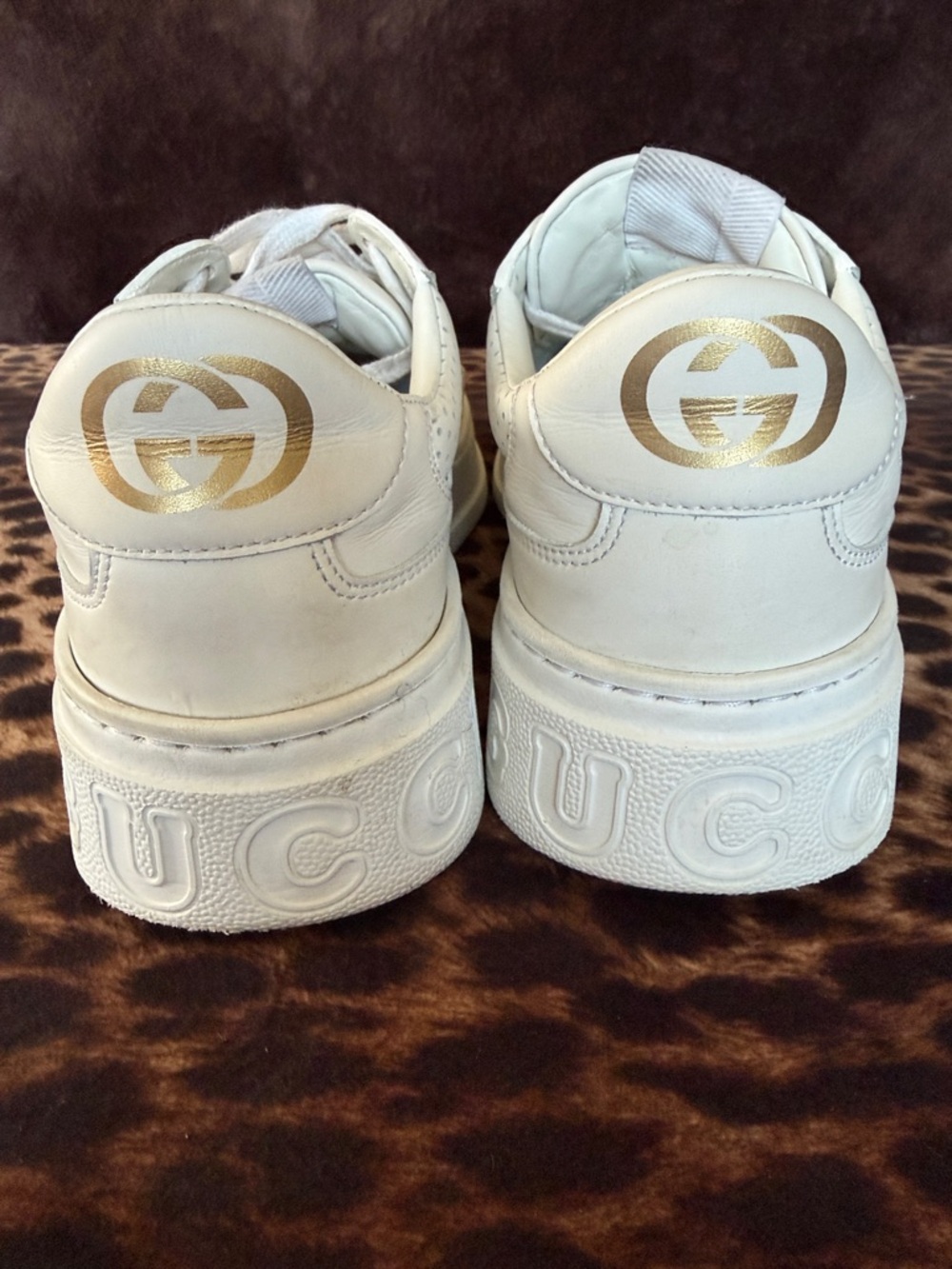 Gucci Cream/Gold Platform Leather Sneakers - Picture 3 of 4